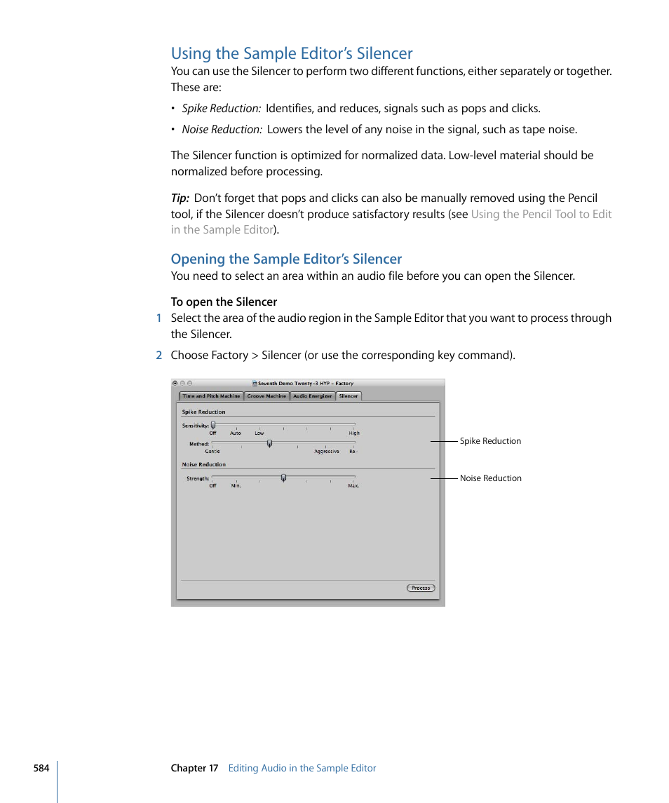 Using the sample editor’s silencer, Opening the sample editor’s silencer | Apple Logic Pro 9 User Manual | Page 584 / 1340