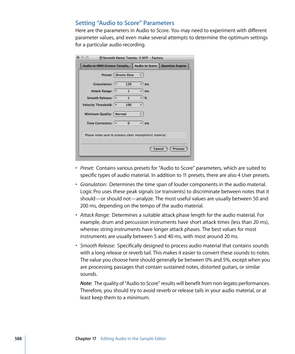 Setting “audio to score” parameters | Apple Logic Pro 9 User Manual | Page 588 / 1340