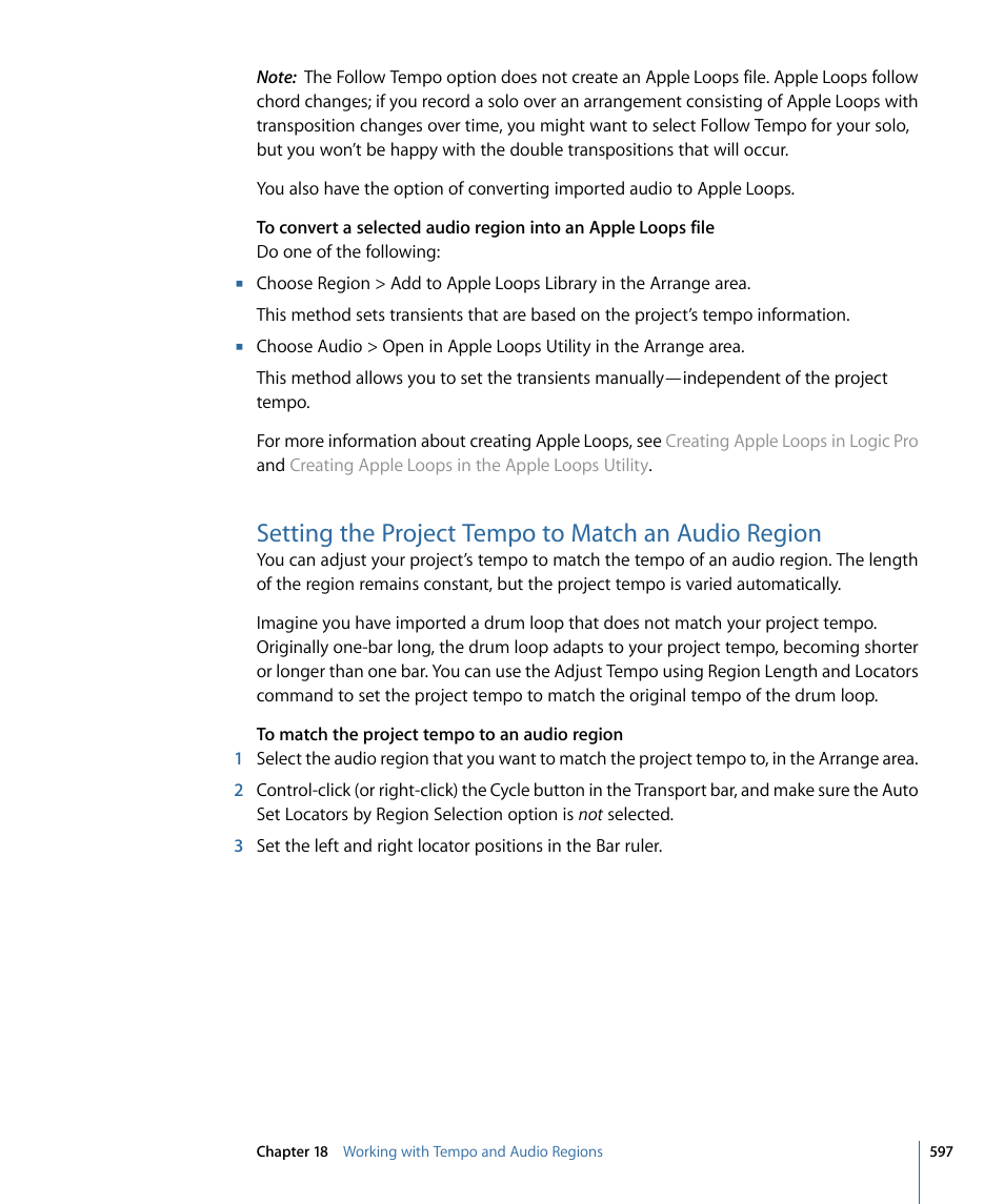 Setting the project tempo to match an audio region | Apple Logic Pro 9 User Manual | Page 597 / 1340