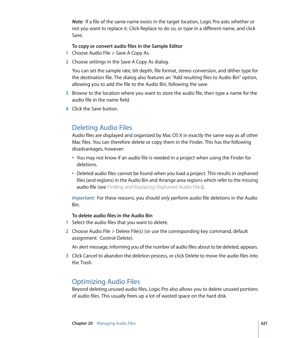 Deleting audio files, Optimizing audio files | Apple Logic Pro 9 User Manual | Page 621 / 1340