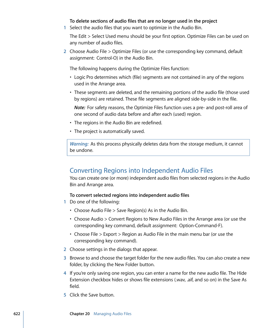 Converting regions into independent audio files | Apple Logic Pro 9 User Manual | Page 622 / 1340