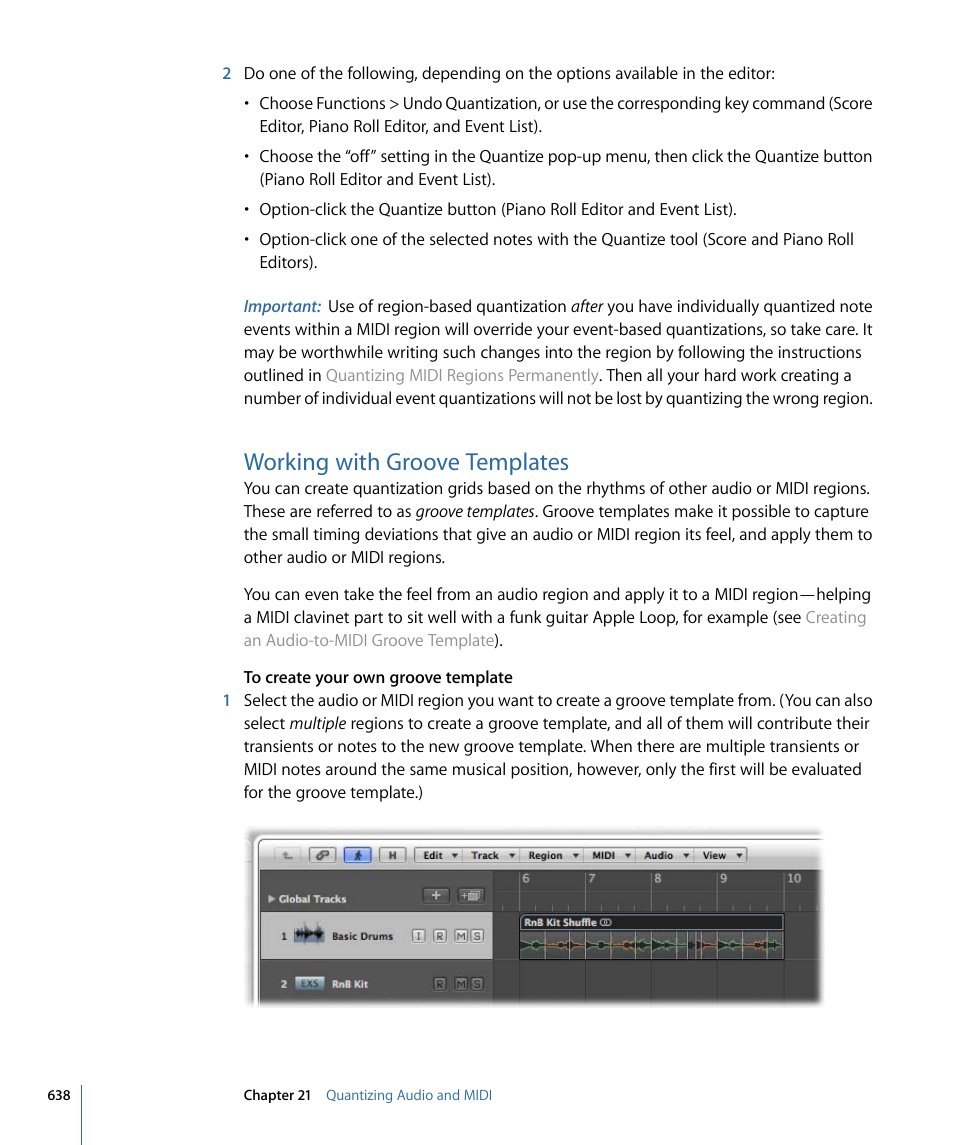 Working with groove templates | Apple Logic Pro 9 User Manual | Page 638 / 1340