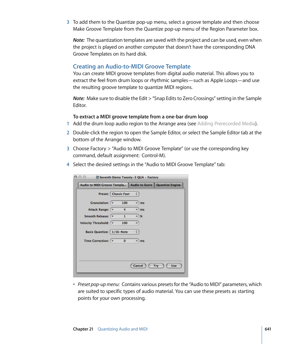 Creating an audio-to-midi groove template, Creating, An audio-to-midi groove template | Apple Logic Pro 9 User Manual | Page 641 / 1340