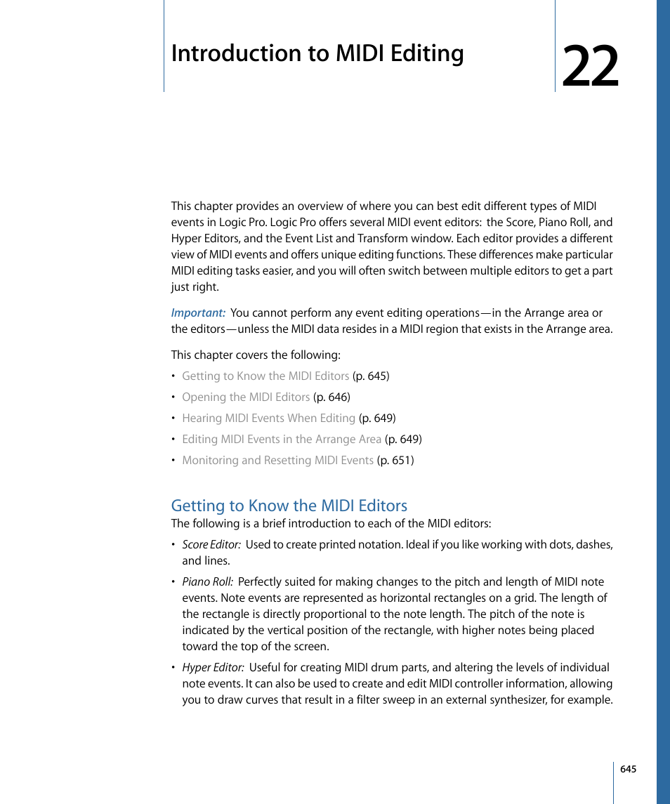 Introduction to midi editing, Getting to know the midi editors | Apple Logic Pro 9 User Manual | Page 645 / 1340