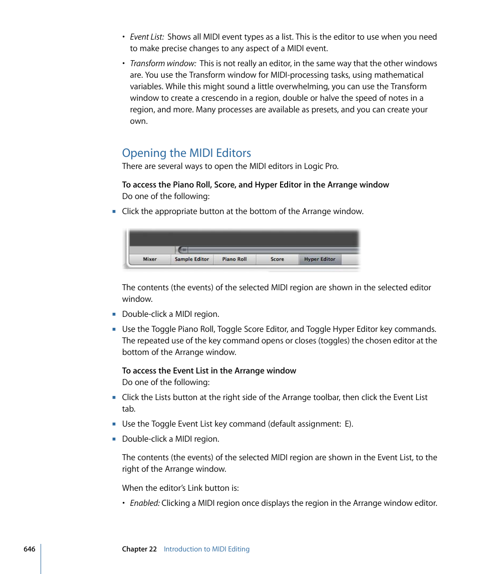 Opening the midi editors | Apple Logic Pro 9 User Manual | Page 646 / 1340