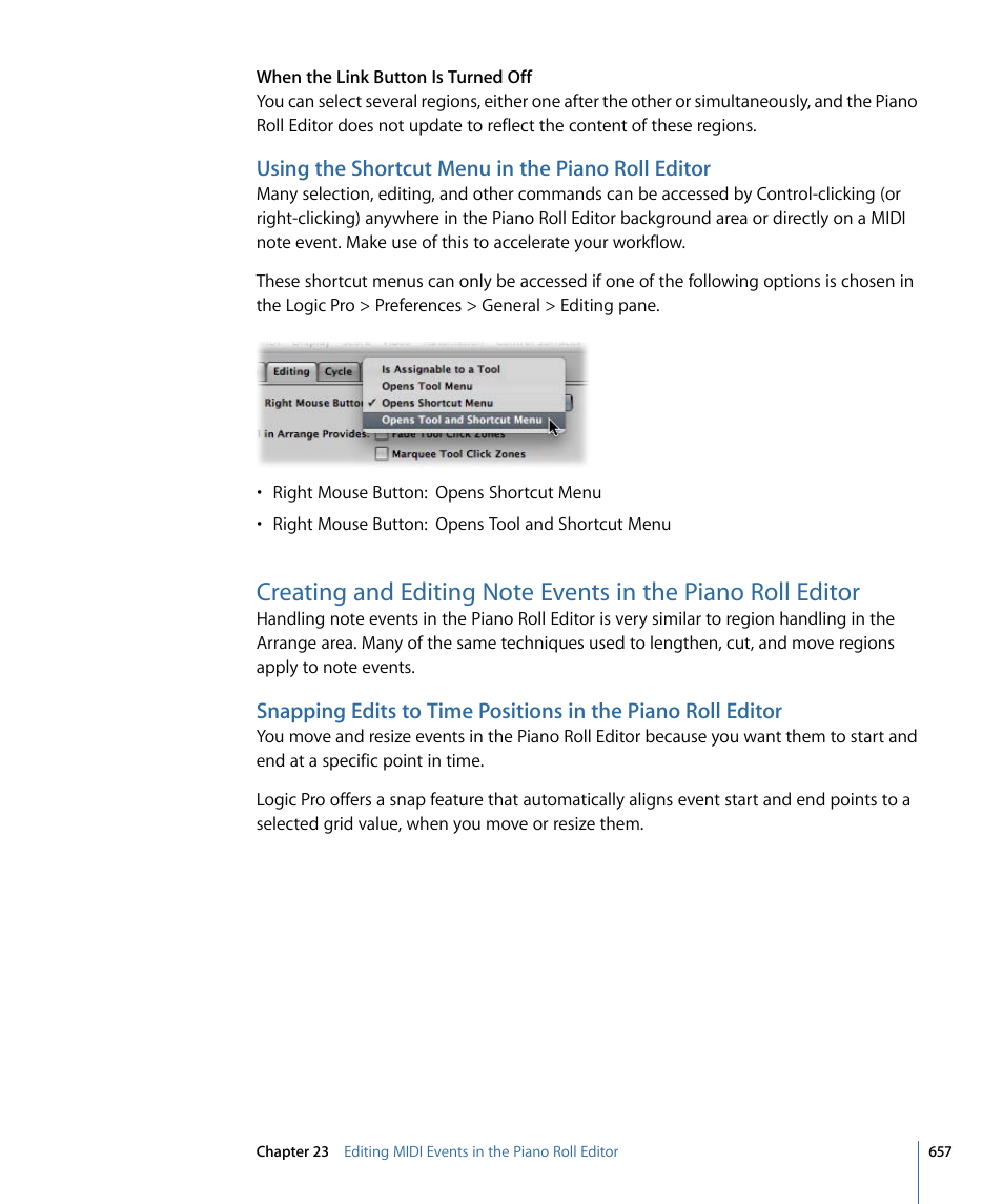 Using the shortcut menu in the piano roll editor | Apple Logic Pro 9 User Manual | Page 657 / 1340