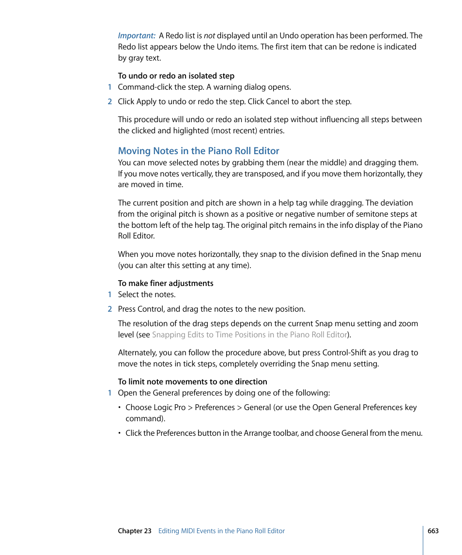 Moving notes in the piano roll editor | Apple Logic Pro 9 User Manual | Page 663 / 1340