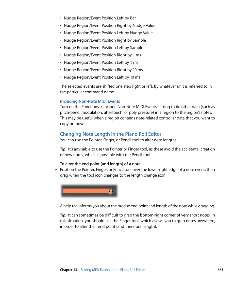 Including non-note midi events, Changing note length in the piano roll editor | Apple Logic Pro 9 User Manual | Page 665 / 1340