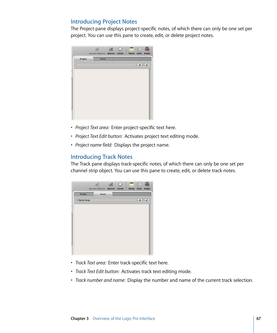 Introducing project notes, Introducing track notes | Apple Logic Pro 9 User Manual | Page 67 / 1340