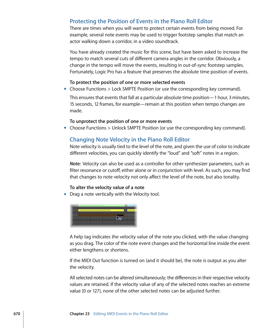 Changing note velocity in the piano roll editor | Apple Logic Pro 9 User Manual | Page 670 / 1340