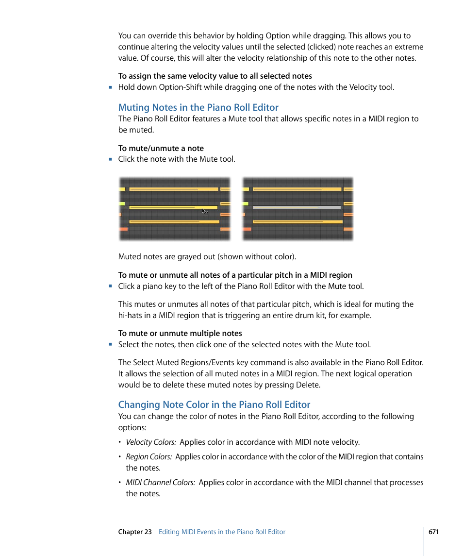 Muting notes in the piano roll editor, Changing note color in the piano roll editor | Apple Logic Pro 9 User Manual | Page 671 / 1340