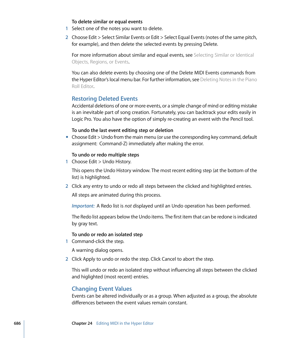 Restoring deleted events, Changing event values | Apple Logic Pro 9 User Manual | Page 686 / 1340