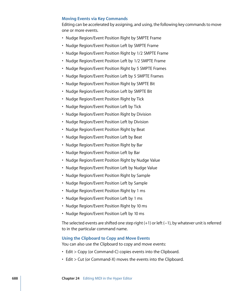 Moving events via key commands, Using the clipboard to copy and move events | Apple Logic Pro 9 User Manual | Page 688 / 1340