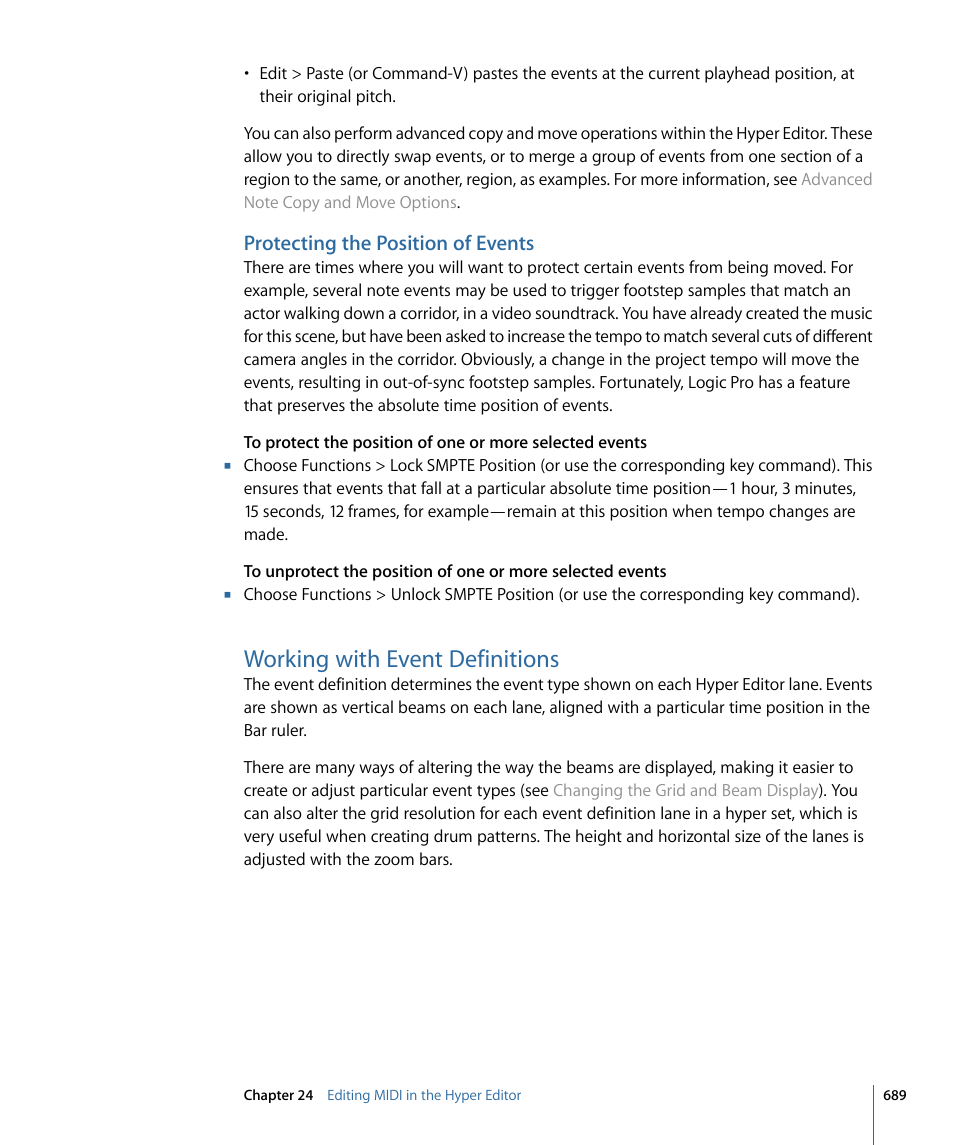 Protecting the position of events, Working with event definitions | Apple Logic Pro 9 User Manual | Page 689 / 1340
