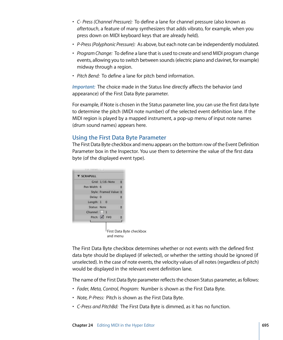 Using the first data byte parameter | Apple Logic Pro 9 User Manual | Page 695 / 1340