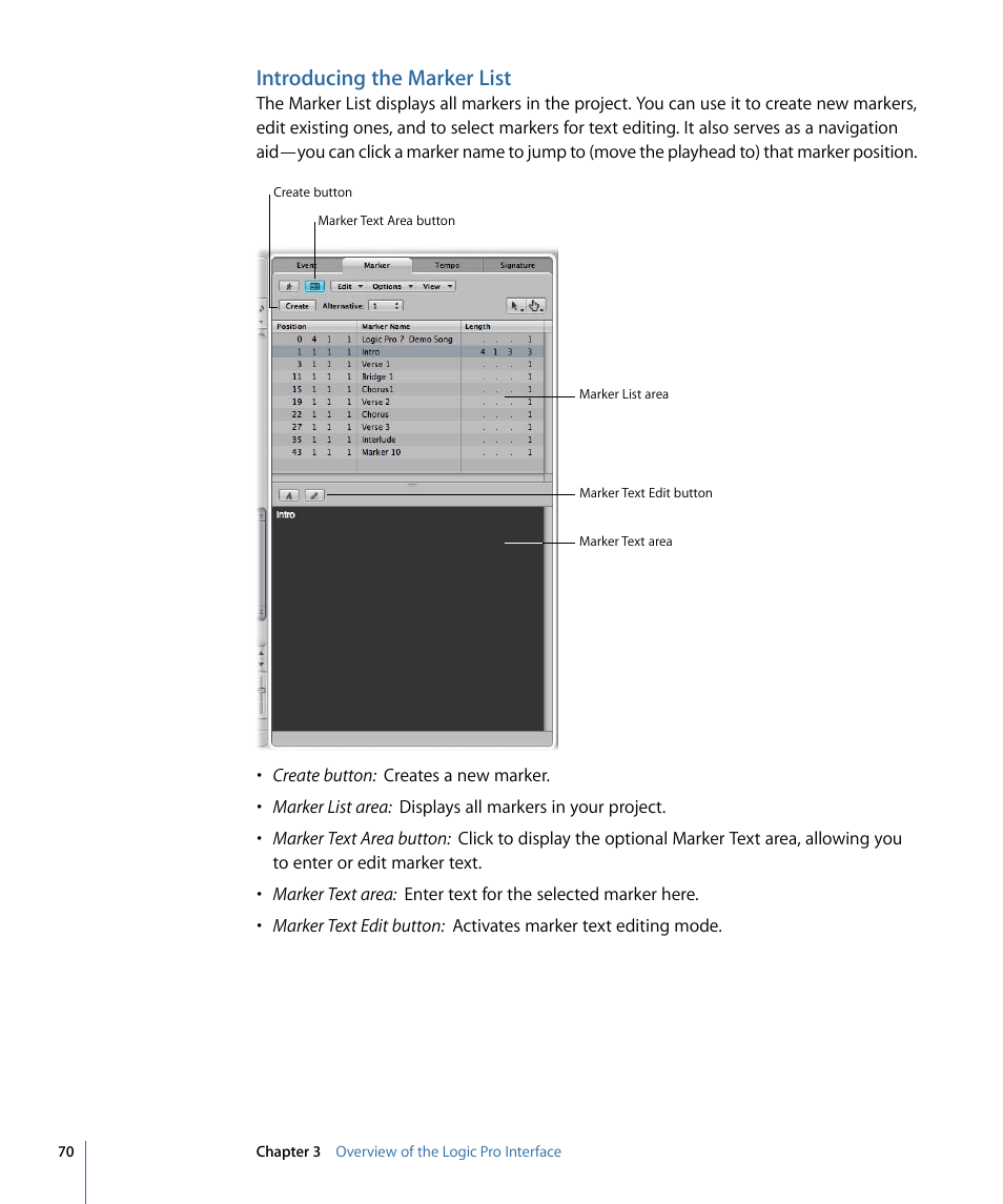 Introducing the marker list | Apple Logic Pro 9 User Manual | Page 70 / 1340