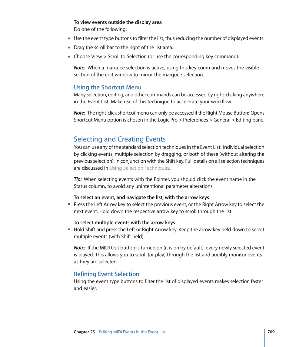 Using the shortcut menu, Selecting and creating events, Refining event selection | Apple Logic Pro 9 User Manual | Page 709 / 1340