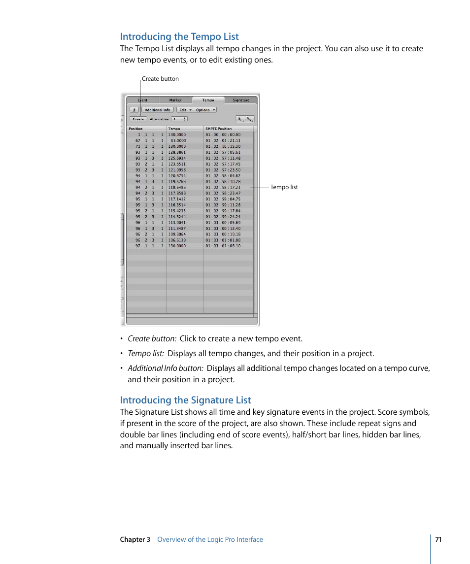 Introducing the tempo list, Introducing the signature list | Apple Logic Pro 9 User Manual | Page 71 / 1340