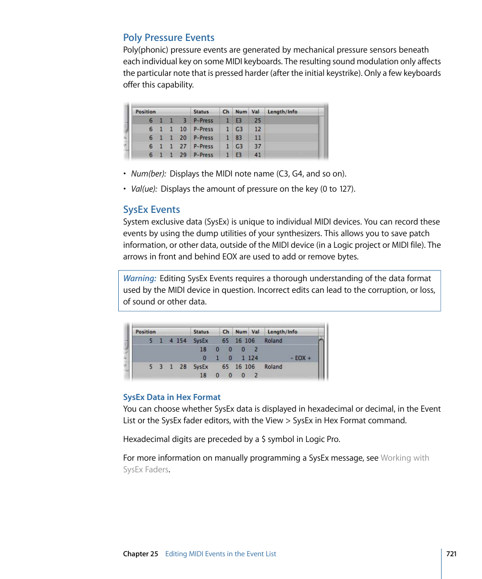 Poly pressure events, Sysex events, Sysex data in hex format | Apple Logic Pro 9 User Manual | Page 721 / 1340