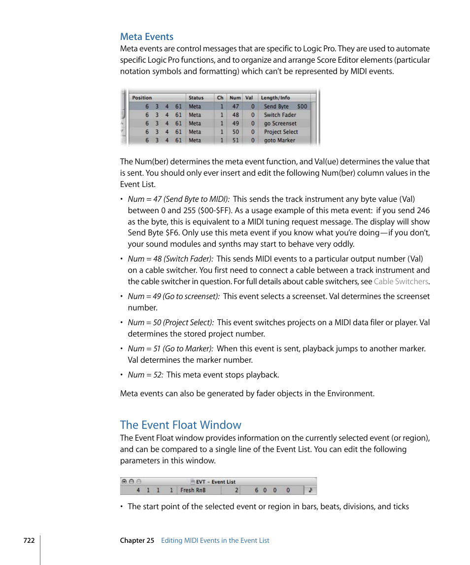Meta events, The event float window | Apple Logic Pro 9 User Manual | Page 722 / 1340