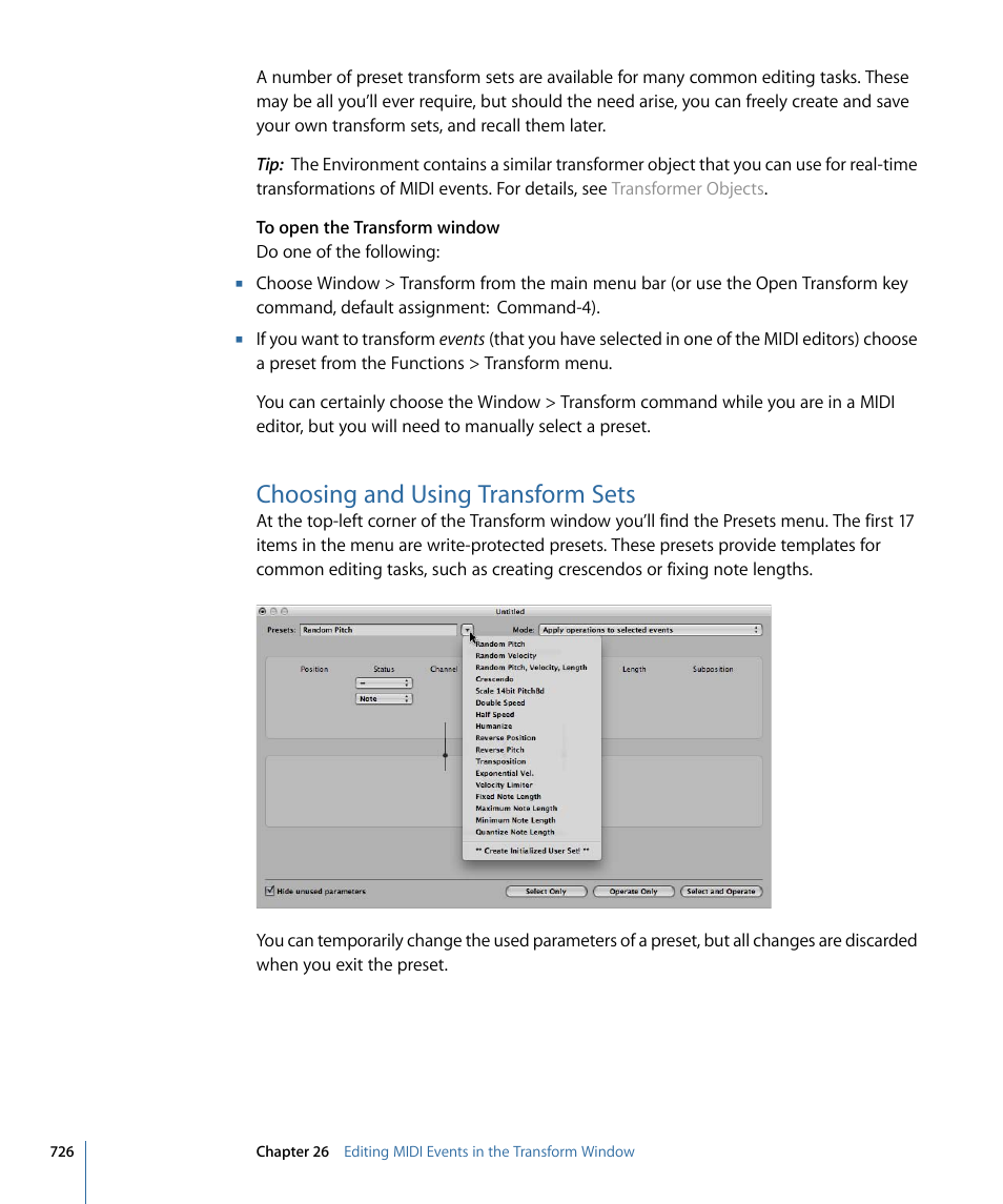 Choosing and using transform sets | Apple Logic Pro 9 User Manual | Page 726 / 1340