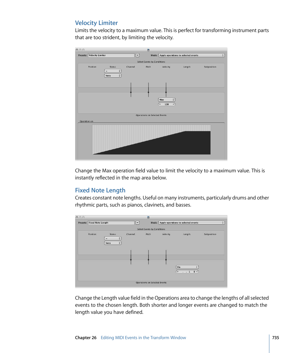 Velocity limiter, Fixed note length | Apple Logic Pro 9 User Manual | Page 735 / 1340