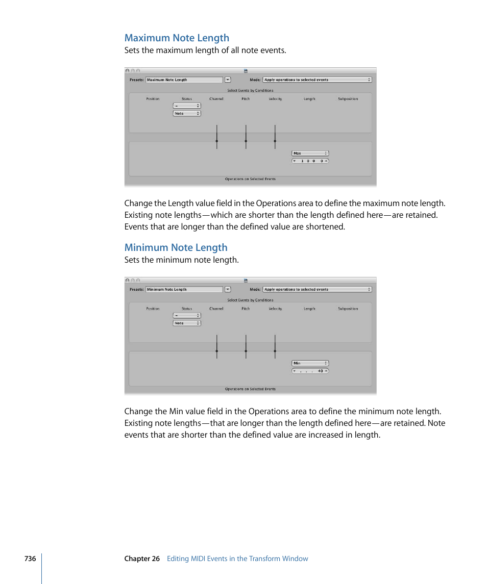 Maximum note length, Minimum note length | Apple Logic Pro 9 User Manual | Page 736 / 1340