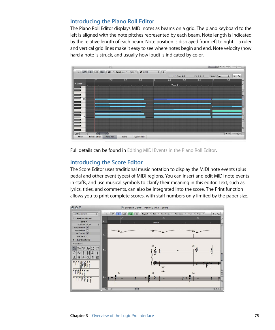 Introducing the piano roll editor, Introducing the score editor | Apple Logic Pro 9 User Manual | Page 75 / 1340