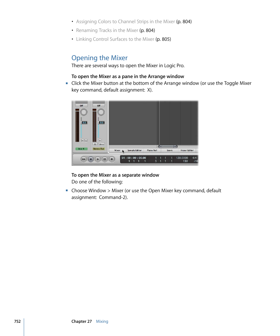 Opening the mixer | Apple Logic Pro 9 User Manual | Page 752 / 1340
