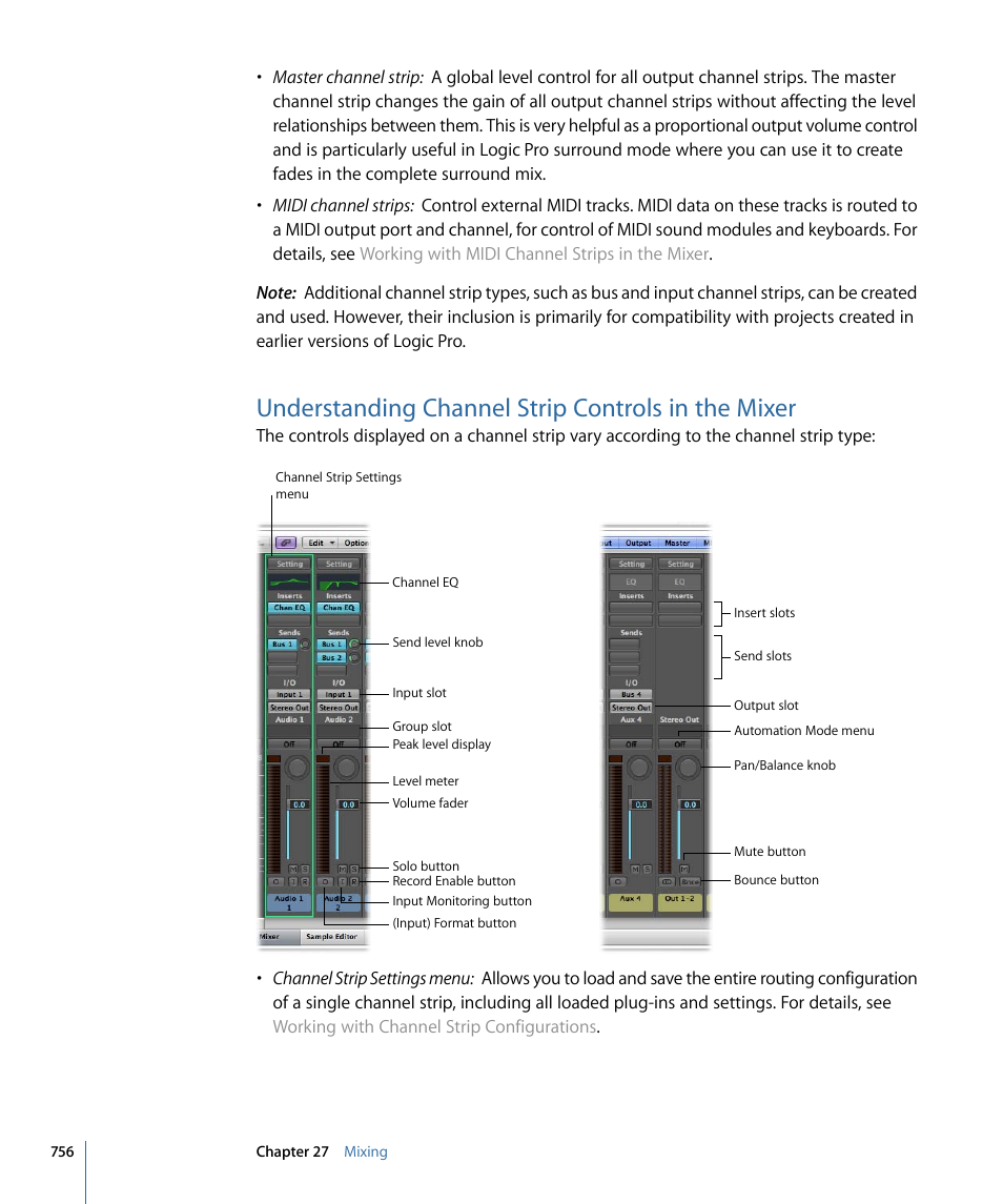 Understanding channel strip controls in the mixer | Apple Logic Pro 9 User Manual | Page 756 / 1340