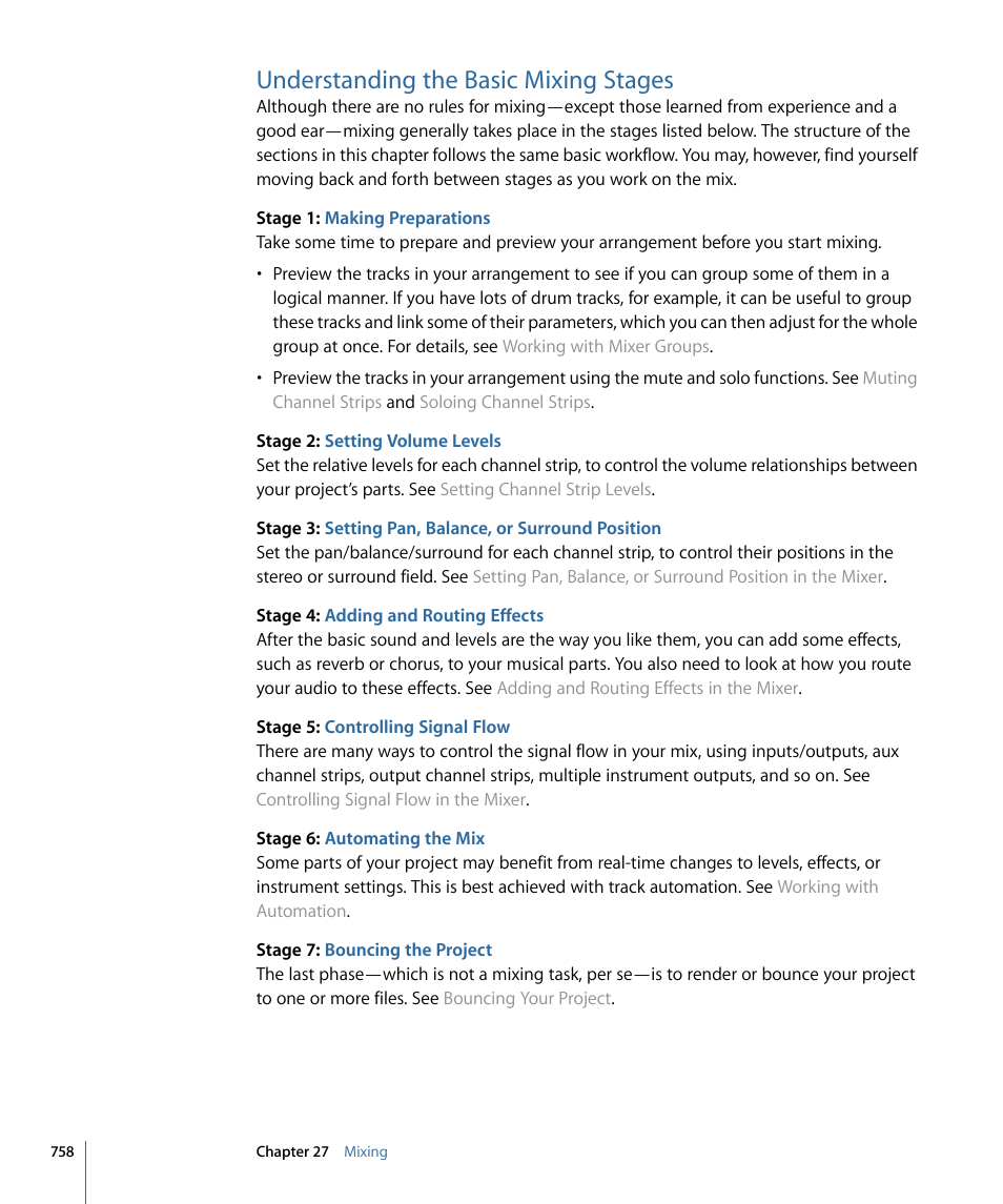 Understanding the basic mixing stages | Apple Logic Pro 9 User Manual | Page 758 / 1340