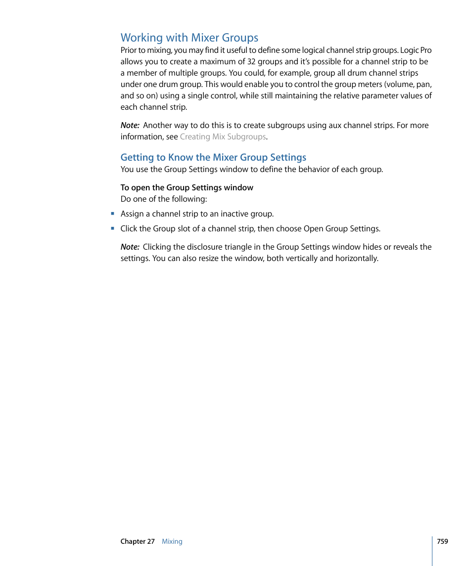 Working with mixer groups, Getting to know the mixer group settings | Apple Logic Pro 9 User Manual | Page 759 / 1340