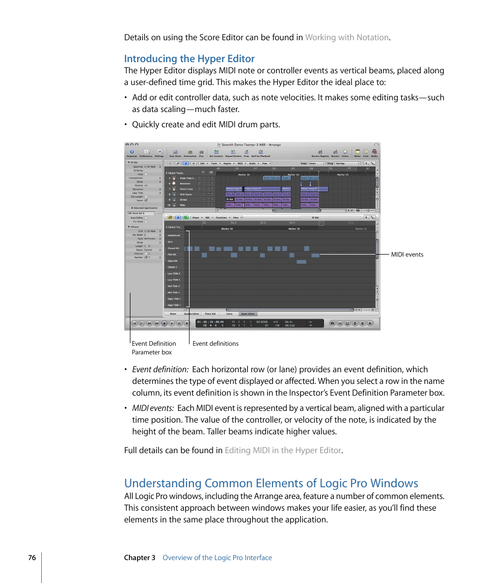 Introducing the hyper editor, Understanding common elements of logic pro windows | Apple Logic Pro 9 User Manual | Page 76 / 1340