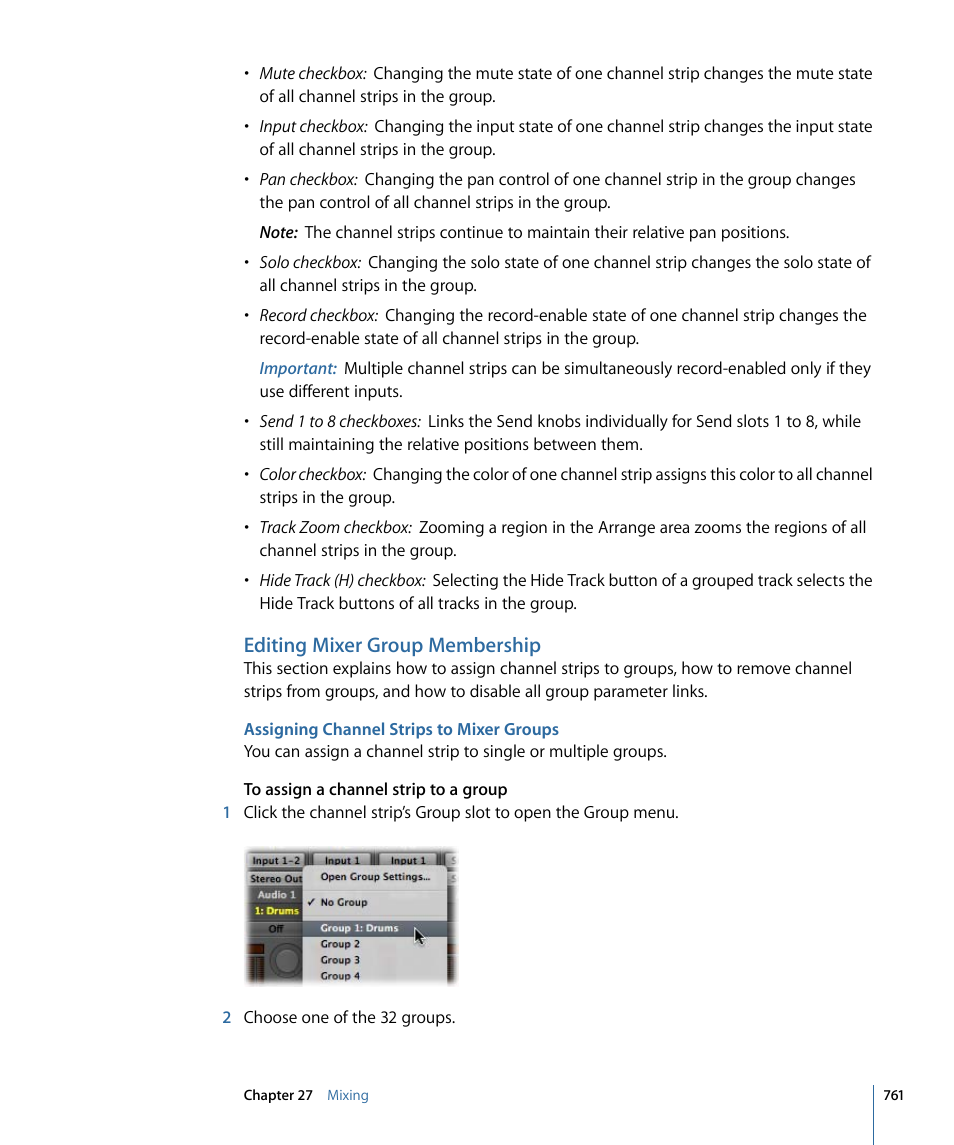 Editing mixer group membership, Assigning channel strips to mixer groups | Apple Logic Pro 9 User Manual | Page 761 / 1340