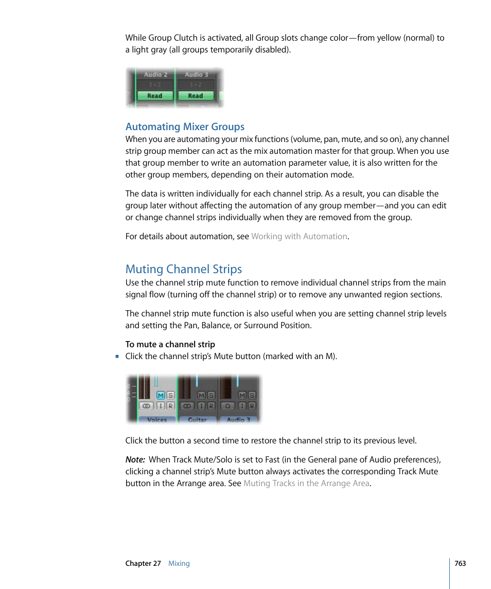 Automating mixer groups, Muting channel strips, Muting | Channel strips | Apple Logic Pro 9 User Manual | Page 763 / 1340