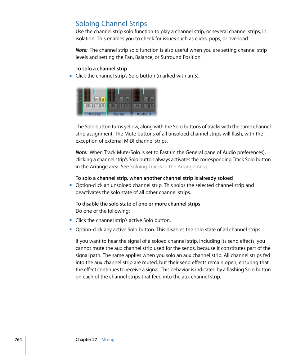 Soloing channel strips | Apple Logic Pro 9 User Manual | Page 764 / 1340