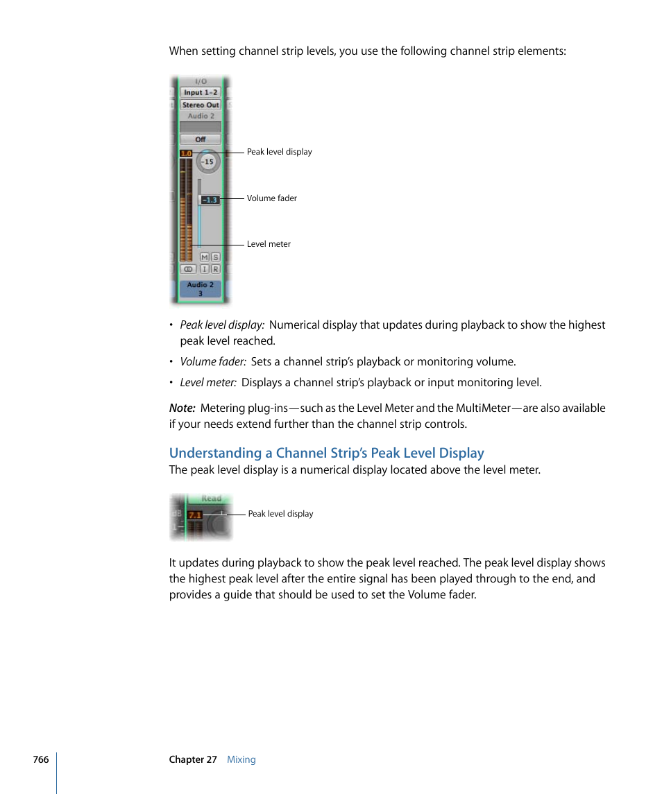 Understanding a channel strip’s peak level display | Apple Logic Pro 9 User Manual | Page 766 / 1340