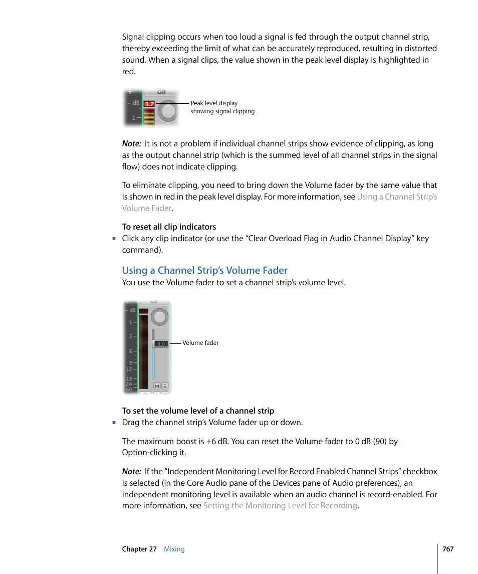Using a channel strip’s volume fader | Apple Logic Pro 9 User Manual | Page 767 / 1340