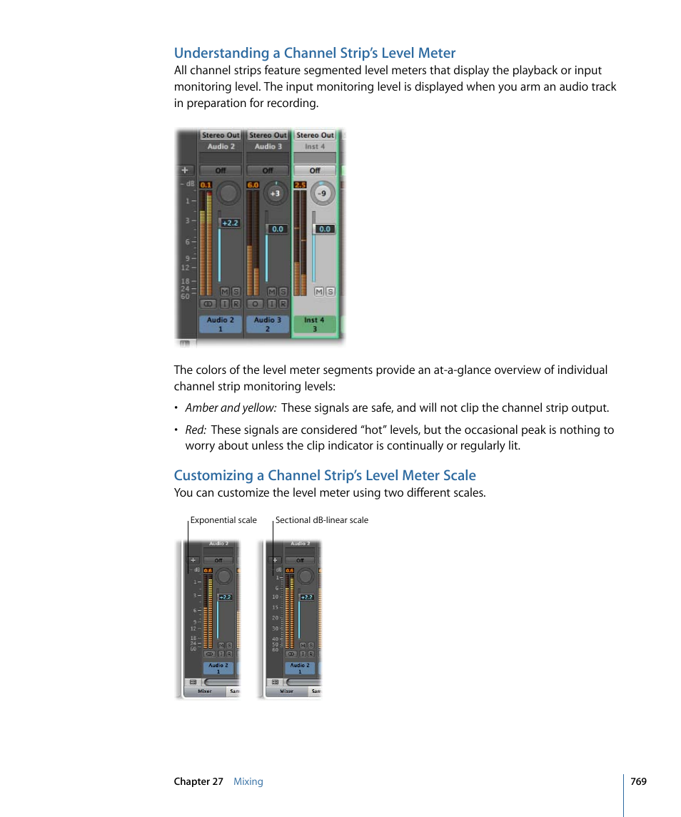 Understanding a channel strip’s level meter, Customizing a channel strip’s level meter scale | Apple Logic Pro 9 User Manual | Page 769 / 1340