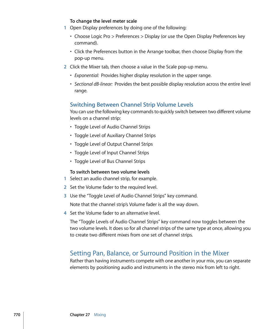 Switching between channel strip volume levels | Apple Logic Pro 9 User Manual | Page 770 / 1340