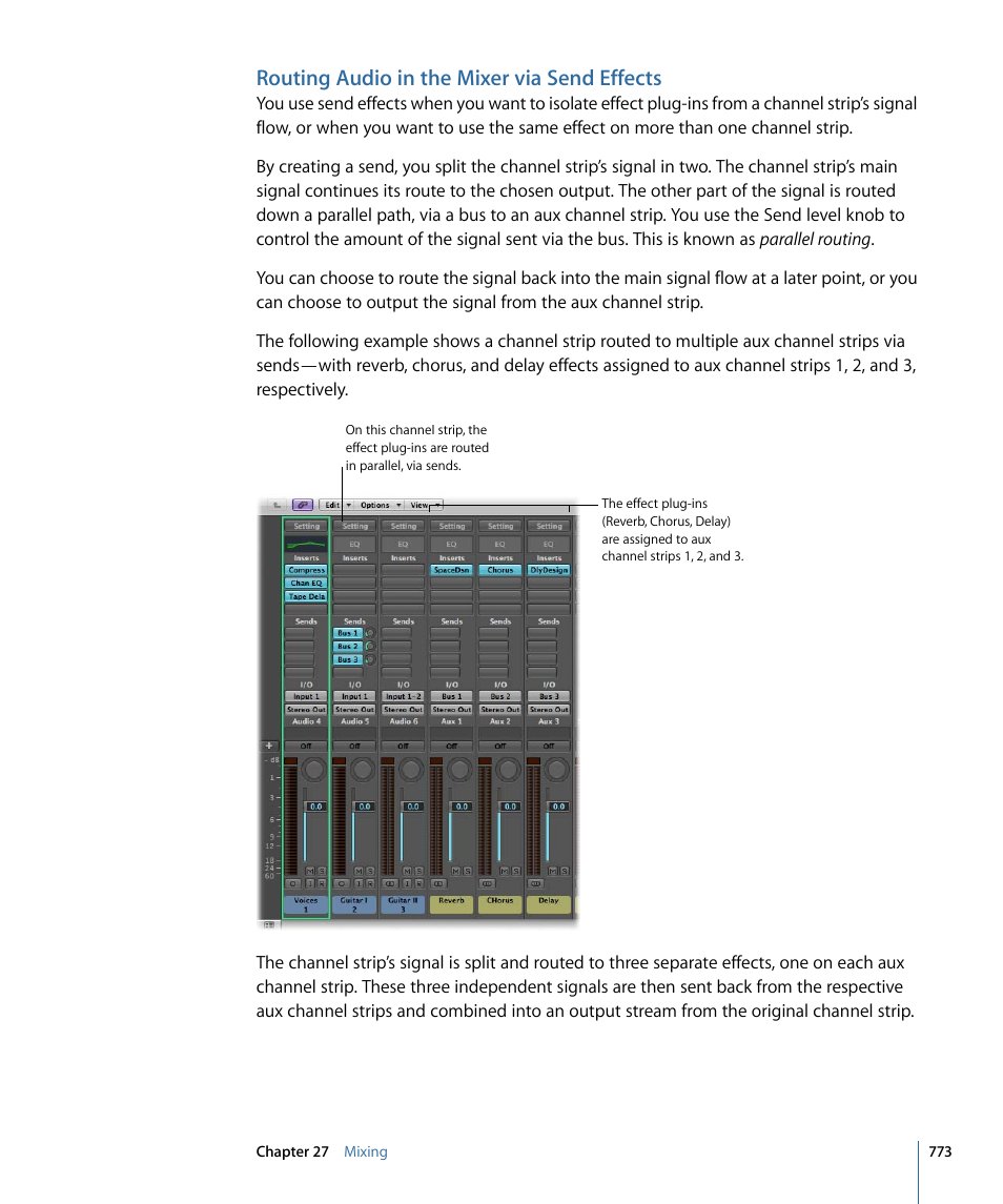 Routing audio in the mixer via send effects | Apple Logic Pro 9 User Manual | Page 773 / 1340