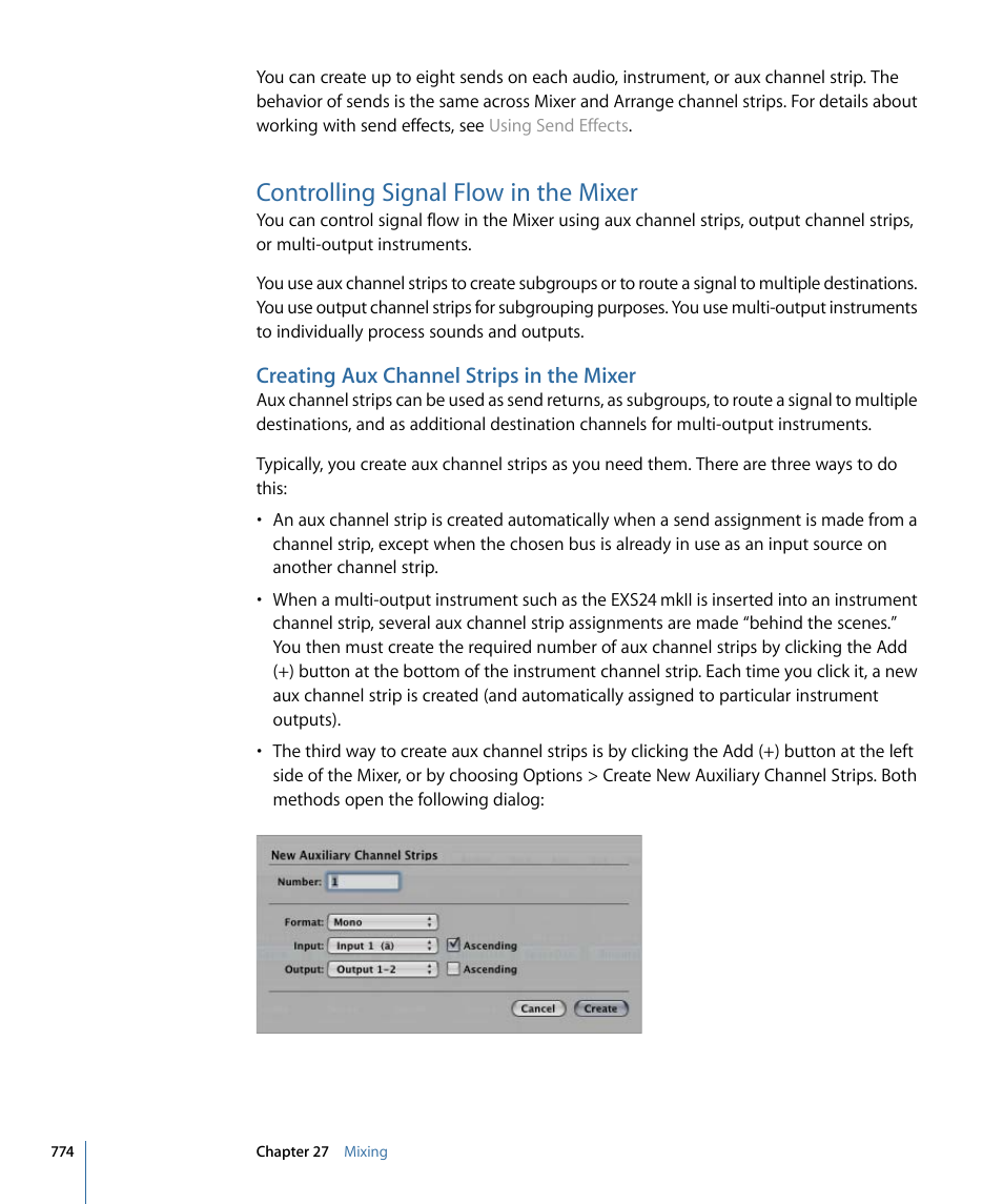 Controlling signal flow in the mixer, Creating aux channel strips in the mixer | Apple Logic Pro 9 User Manual | Page 774 / 1340