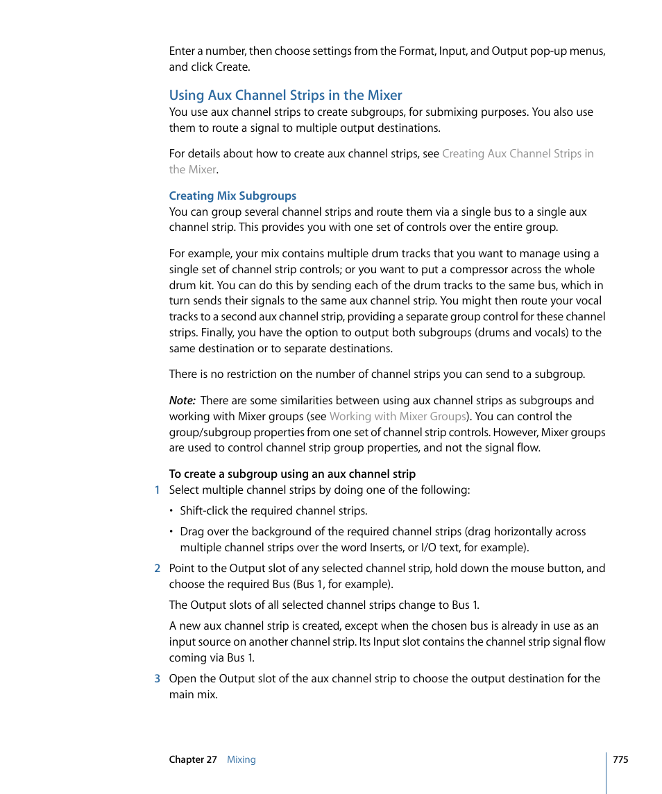 Using aux channel strips in the mixer, Creating mix subgroups | Apple Logic Pro 9 User Manual | Page 775 / 1340