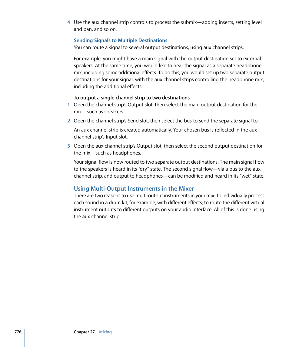 Sending signals to multiple destinations, Using multi-output instruments in the mixer | Apple Logic Pro 9 User Manual | Page 776 / 1340