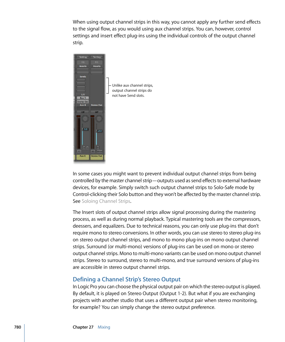 Defining a channel strip’s stereo output | Apple Logic Pro 9 User Manual | Page 780 / 1340