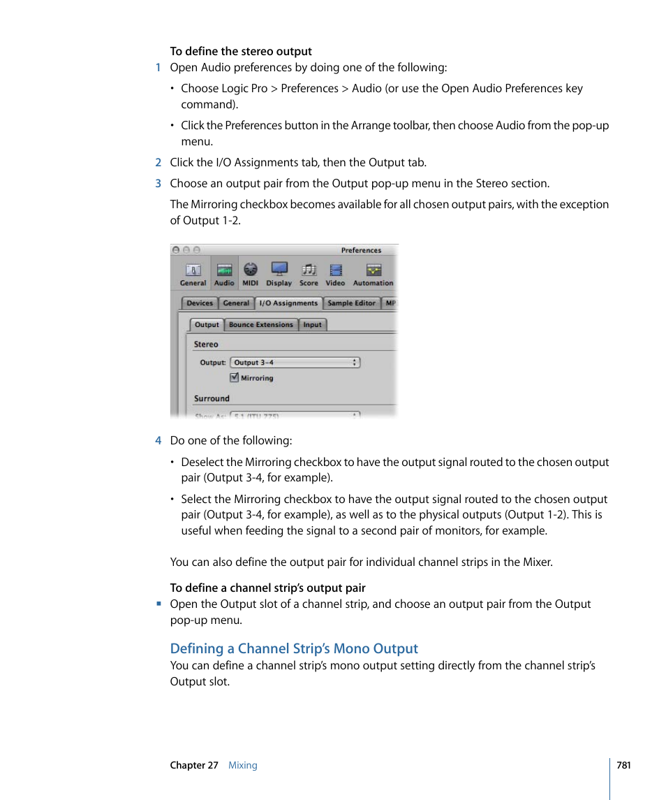 Defining a channel strip’s mono output | Apple Logic Pro 9 User Manual | Page 781 / 1340