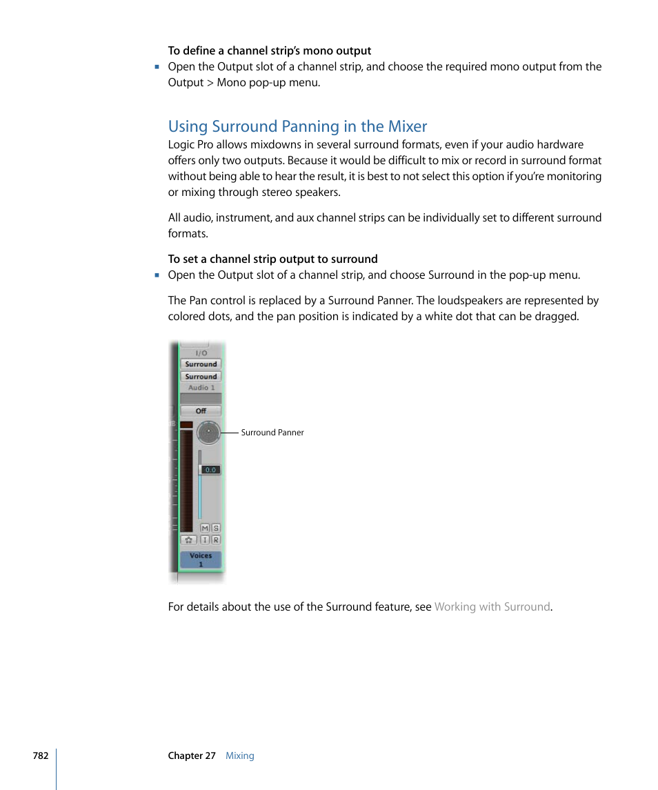 Using surround panning in the mixer | Apple Logic Pro 9 User Manual | Page 782 / 1340