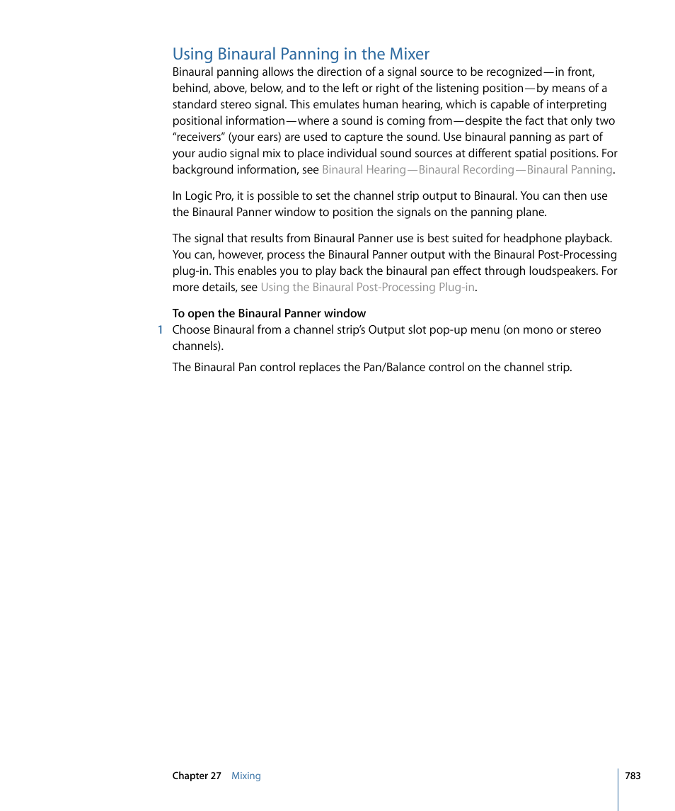 Using binaural panning in the mixer | Apple Logic Pro 9 User Manual | Page 783 / 1340
