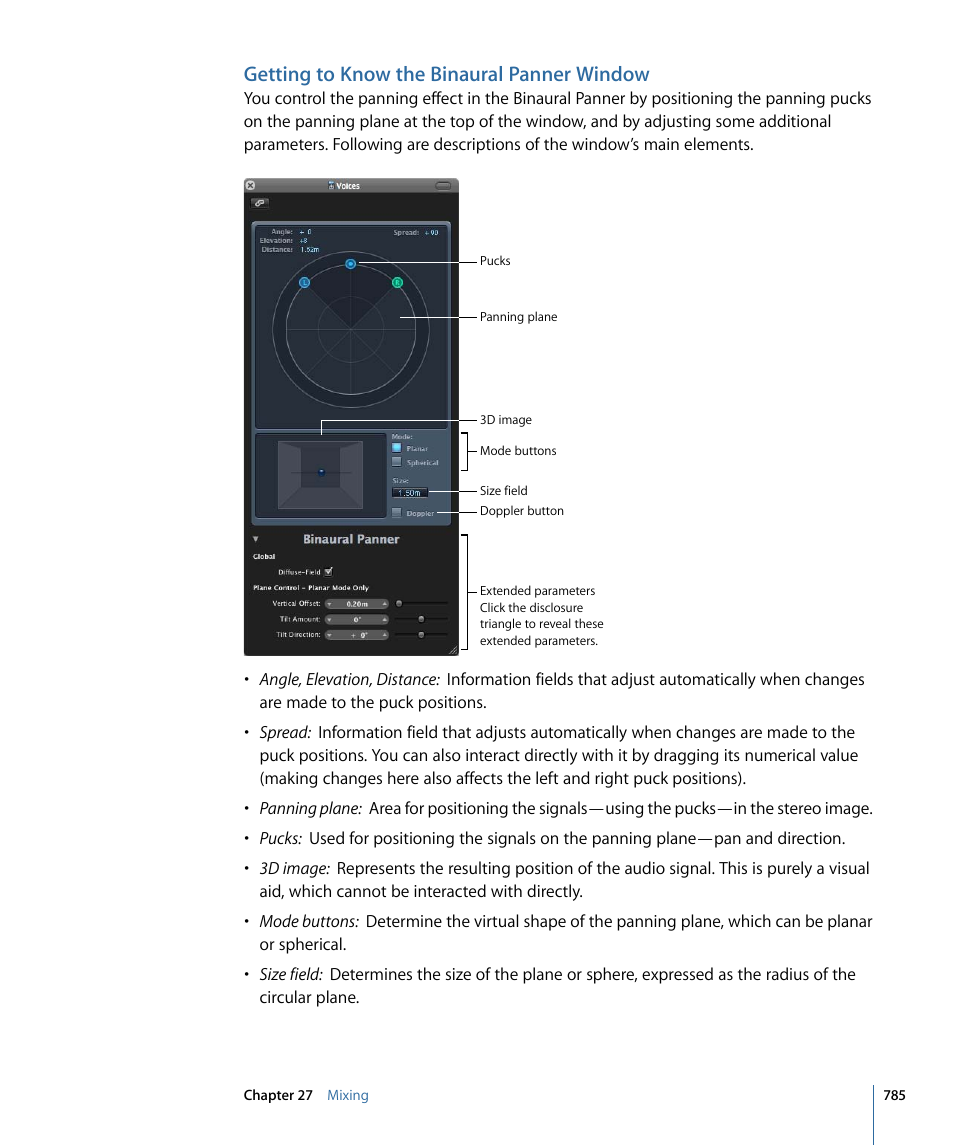 Getting to know the binaural panner window | Apple Logic Pro 9 User Manual | Page 785 / 1340