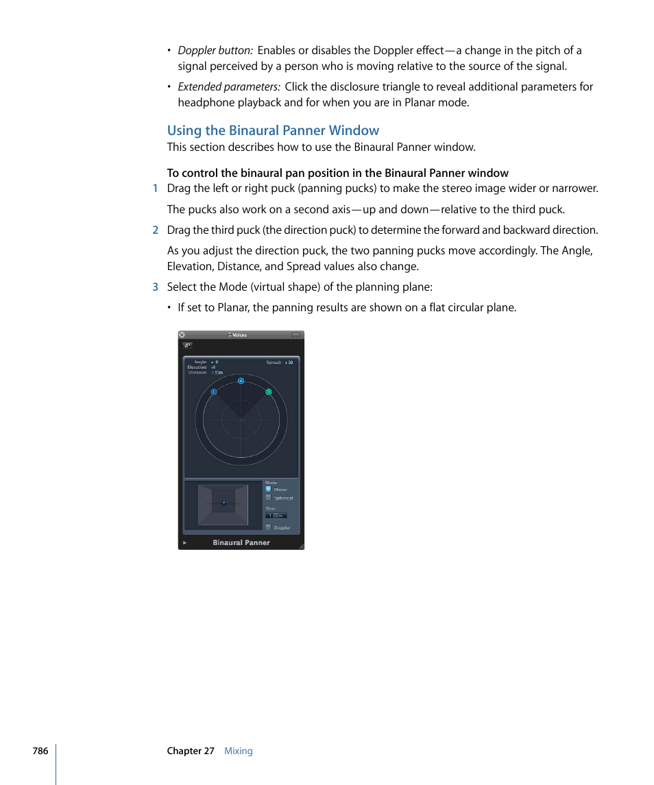 Using the binaural panner window | Apple Logic Pro 9 User Manual | Page 786 / 1340